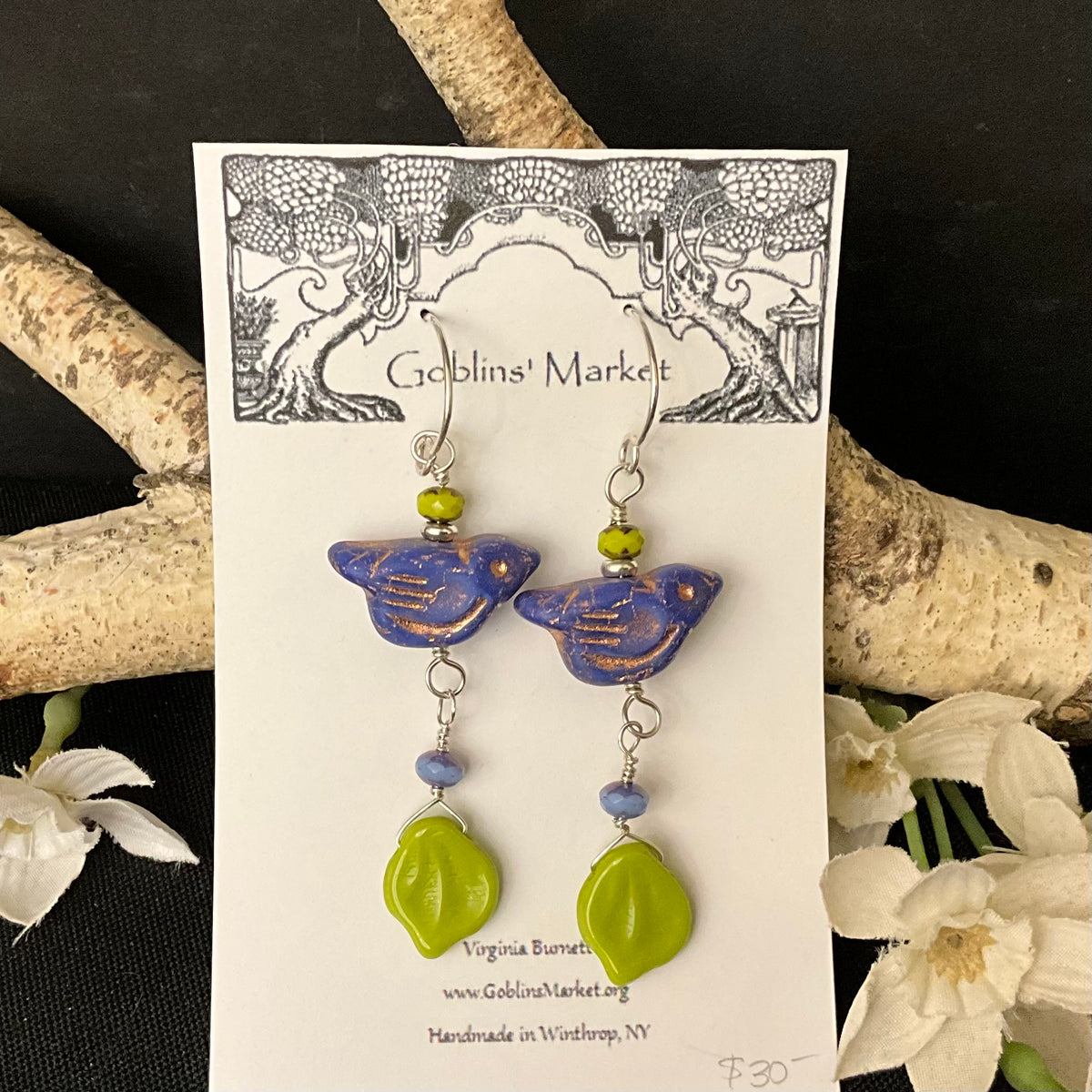 Bird Earrings in dark Periwinkle with Gold wash