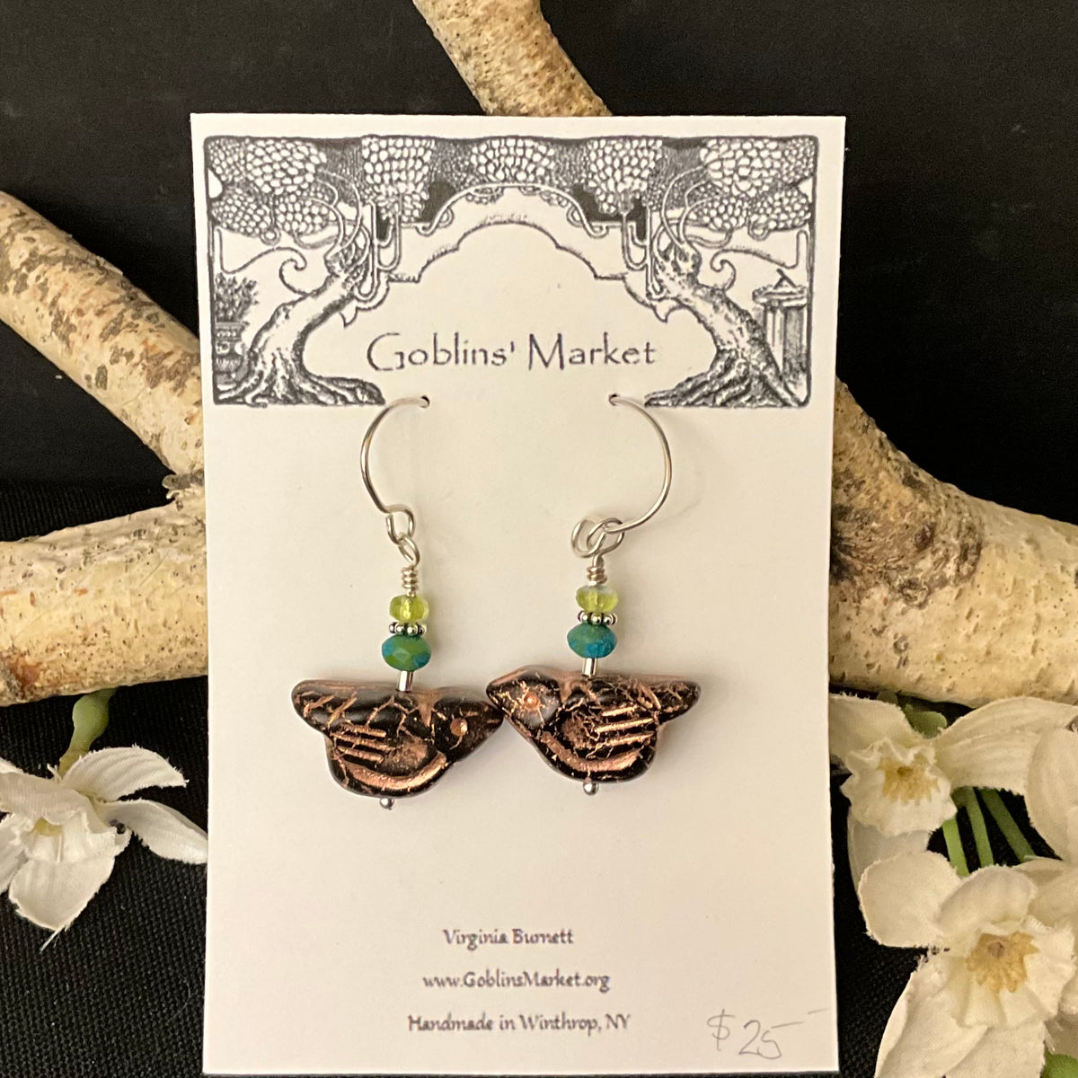 Bird Earrings in Black with a Gold wash