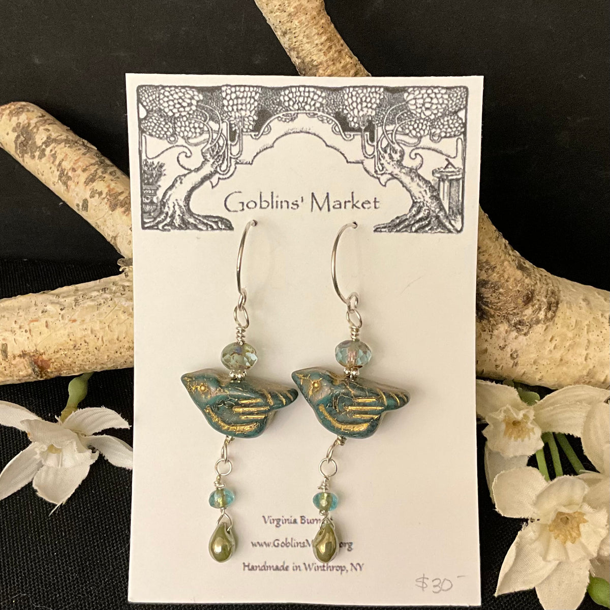 Bird Earrings in Persian Green with Gold wash