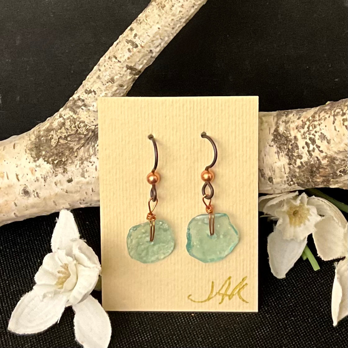 Ancient Roman Glass Teal Earrings with Niobium and Copper Bead Wires #303