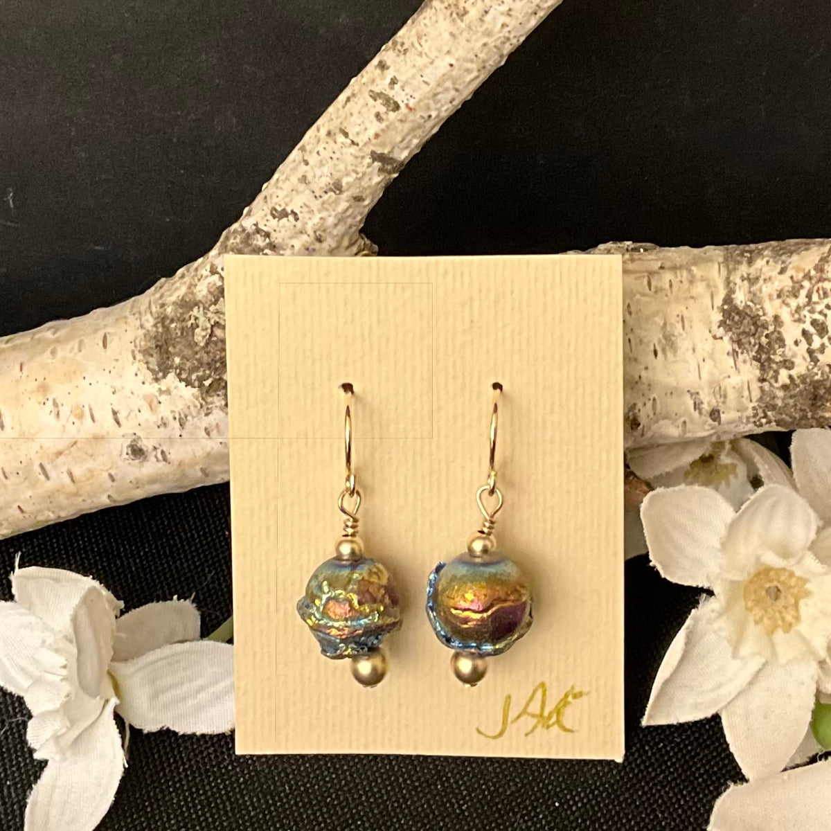 Bismuth Head Earrings with Gold-Filled Beads #334