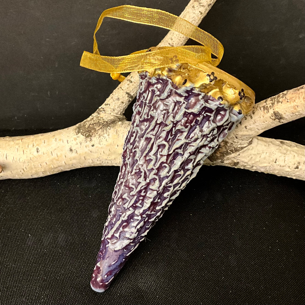 Carved Ceramic Ornament in Blues & Gold