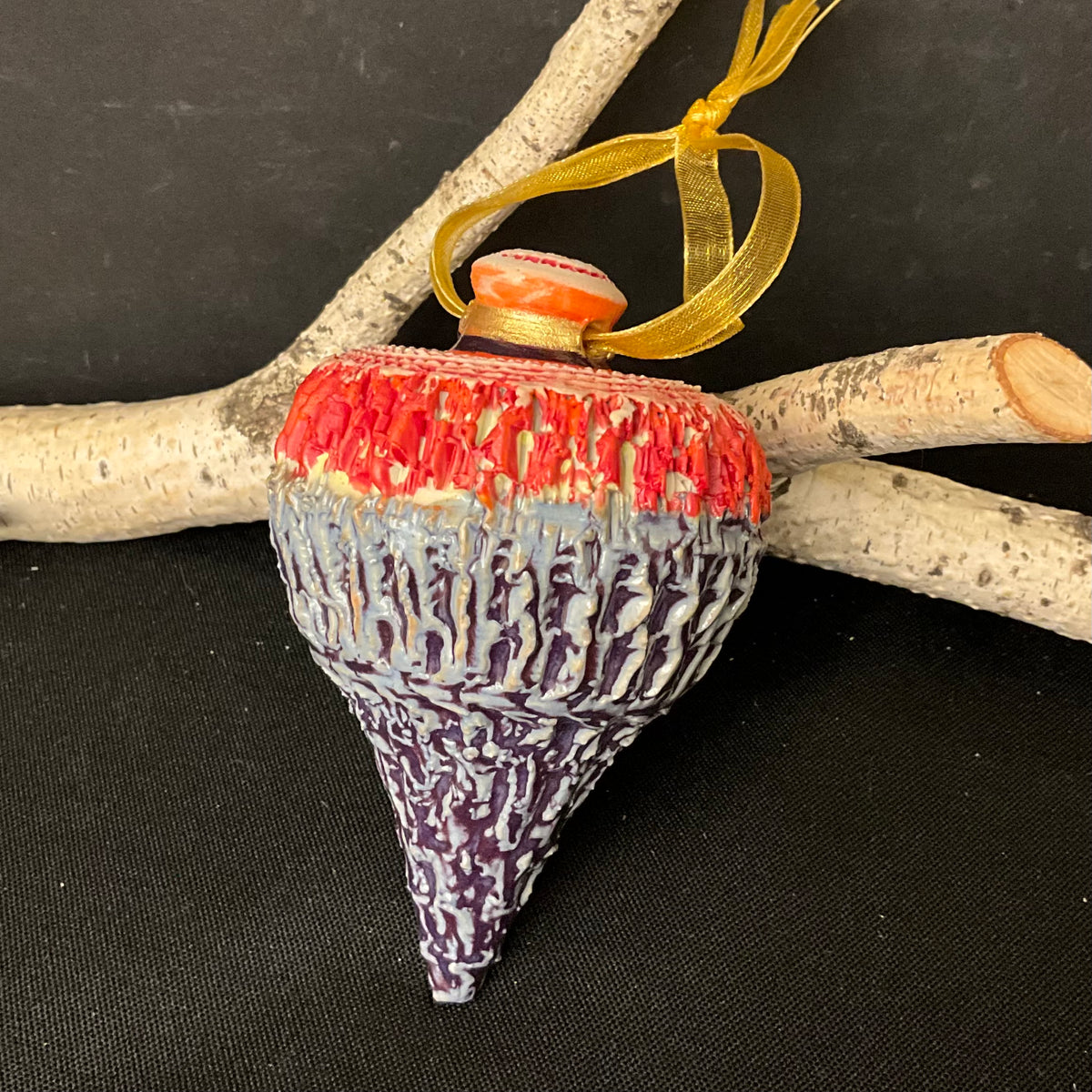 Carved Ceramic Finial Ornament in Blue & Red