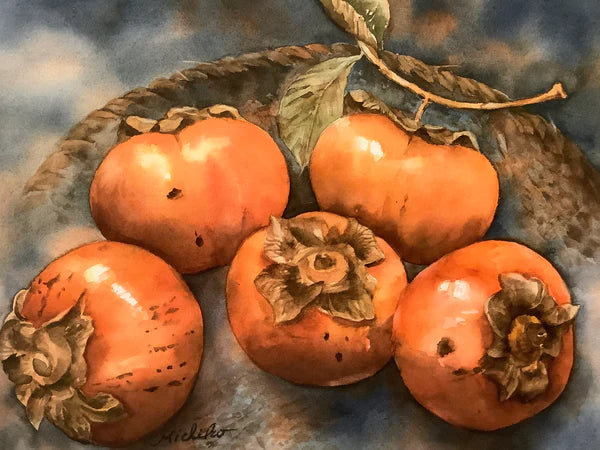 “Persimmons and Basket", Framed Print from an Original Watercolor