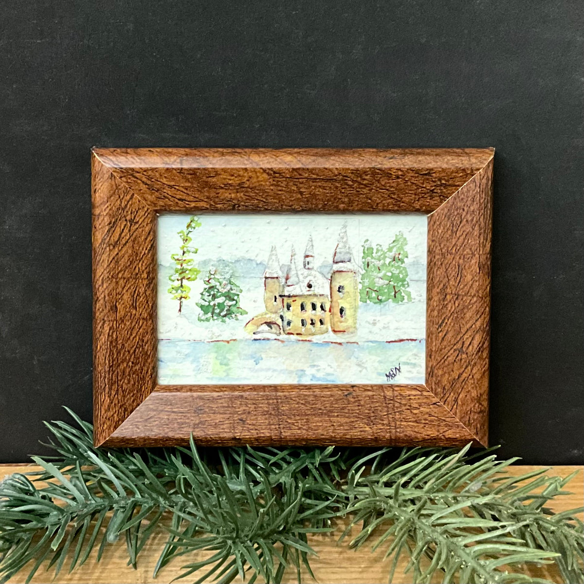 Riverside Winter Castle - Miniature Watercolor Landscape