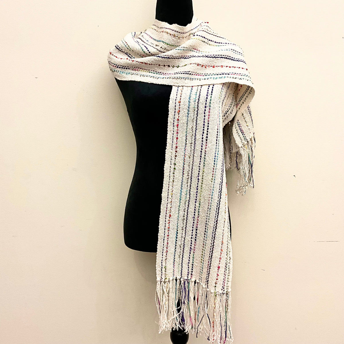 Wide Handwoven Scarf in Cream with Rainbow Stripes