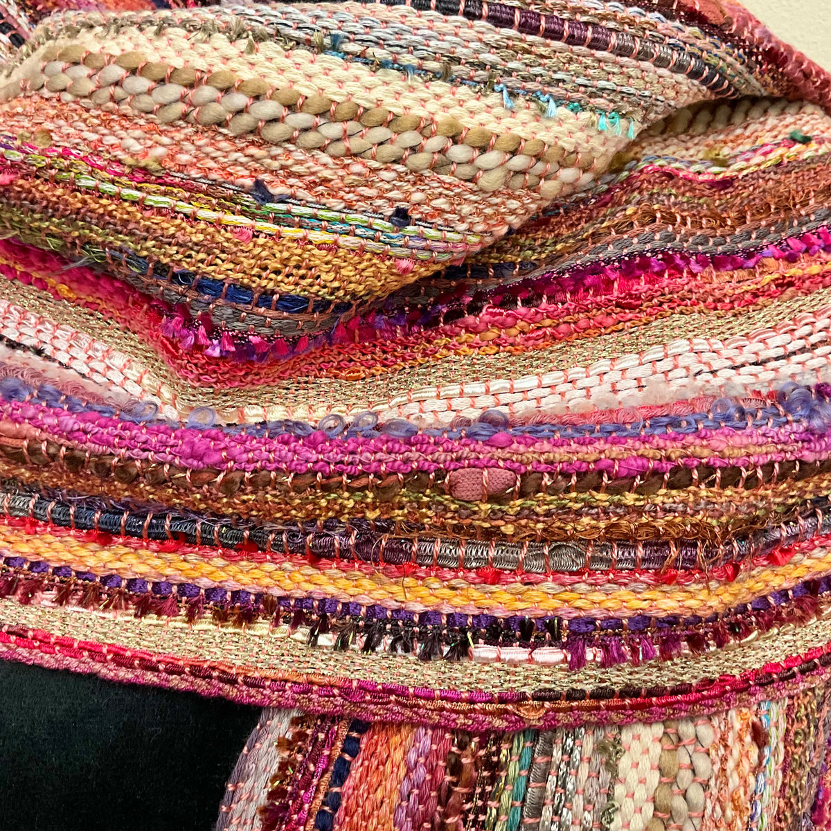 Wide Handwoven Scarf in Brilliant Autumn Pinks & Oranges