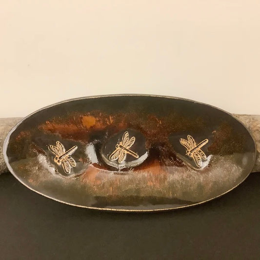 Spoon Rest Dragonflies with Dark Brown “Iridescent””Glaze