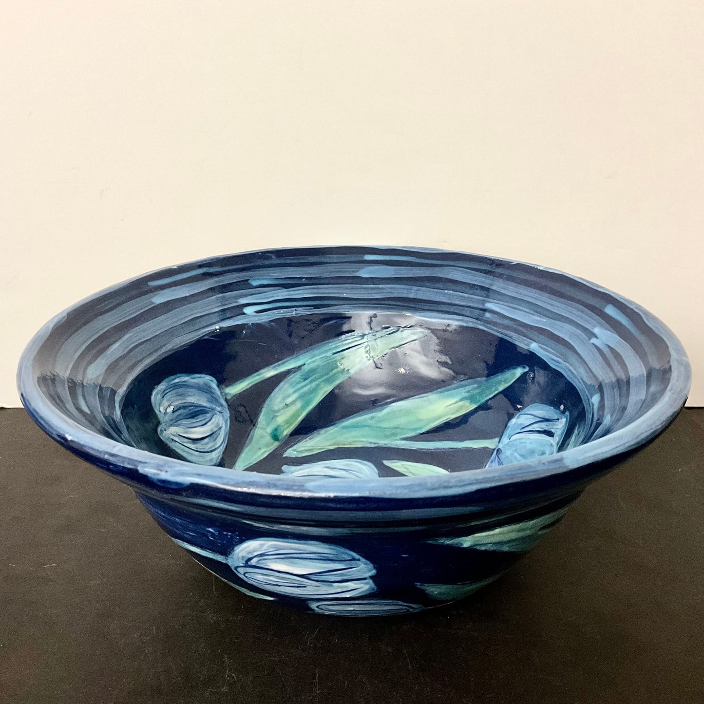 Deep Dark Blue Bowl with Blue Tulips