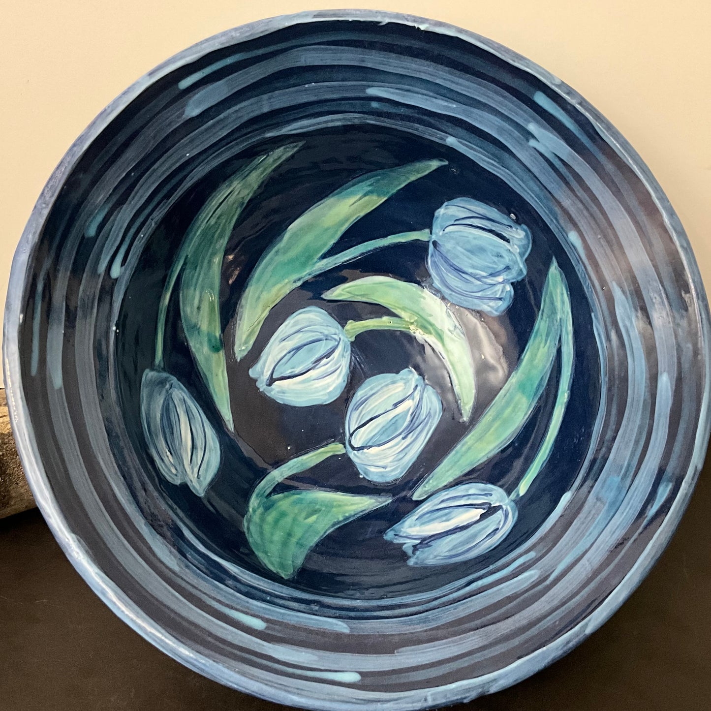 Deep Dark Blue Bowl with Blue Tulips