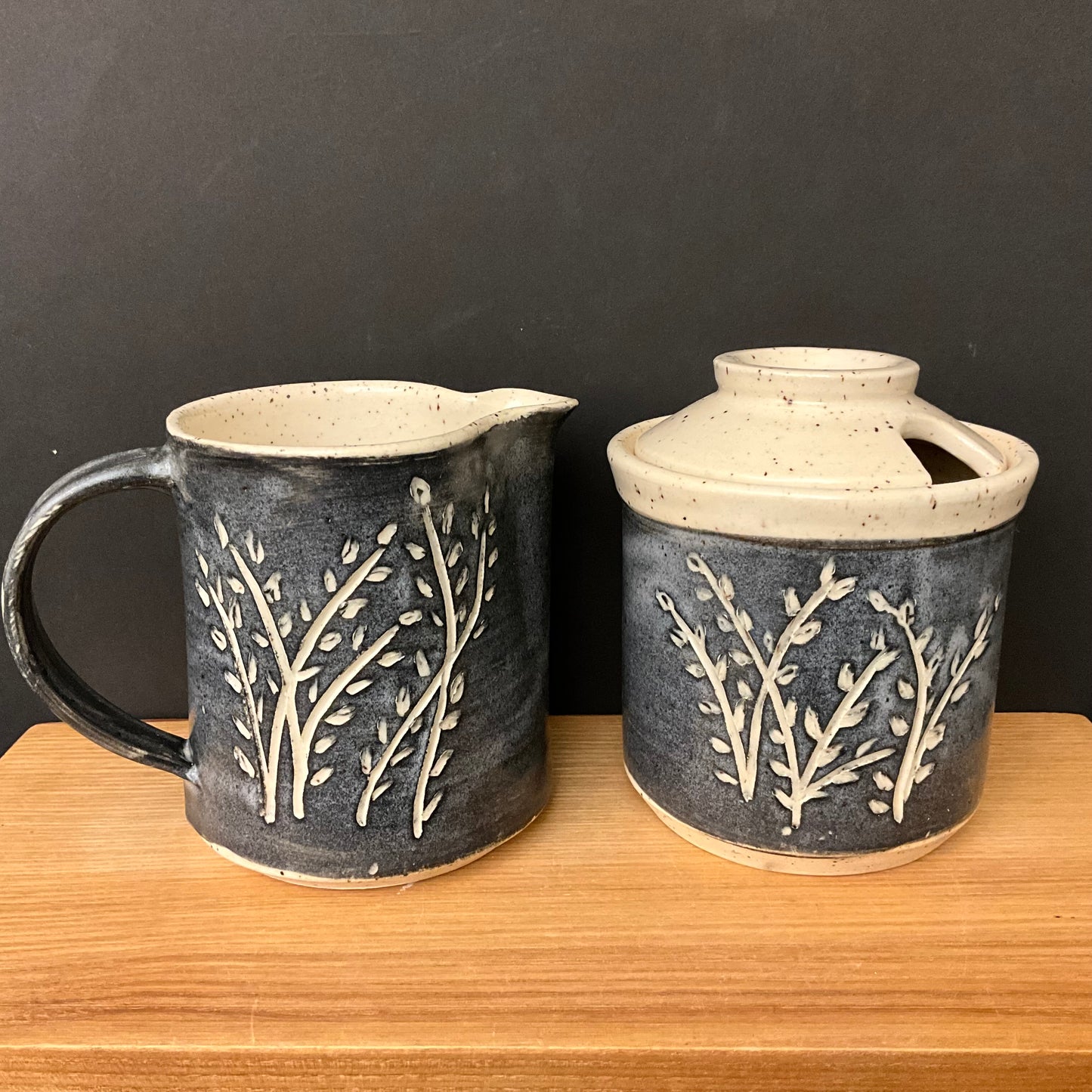 Sugar & Creamer Set w Black Carved Floral Design