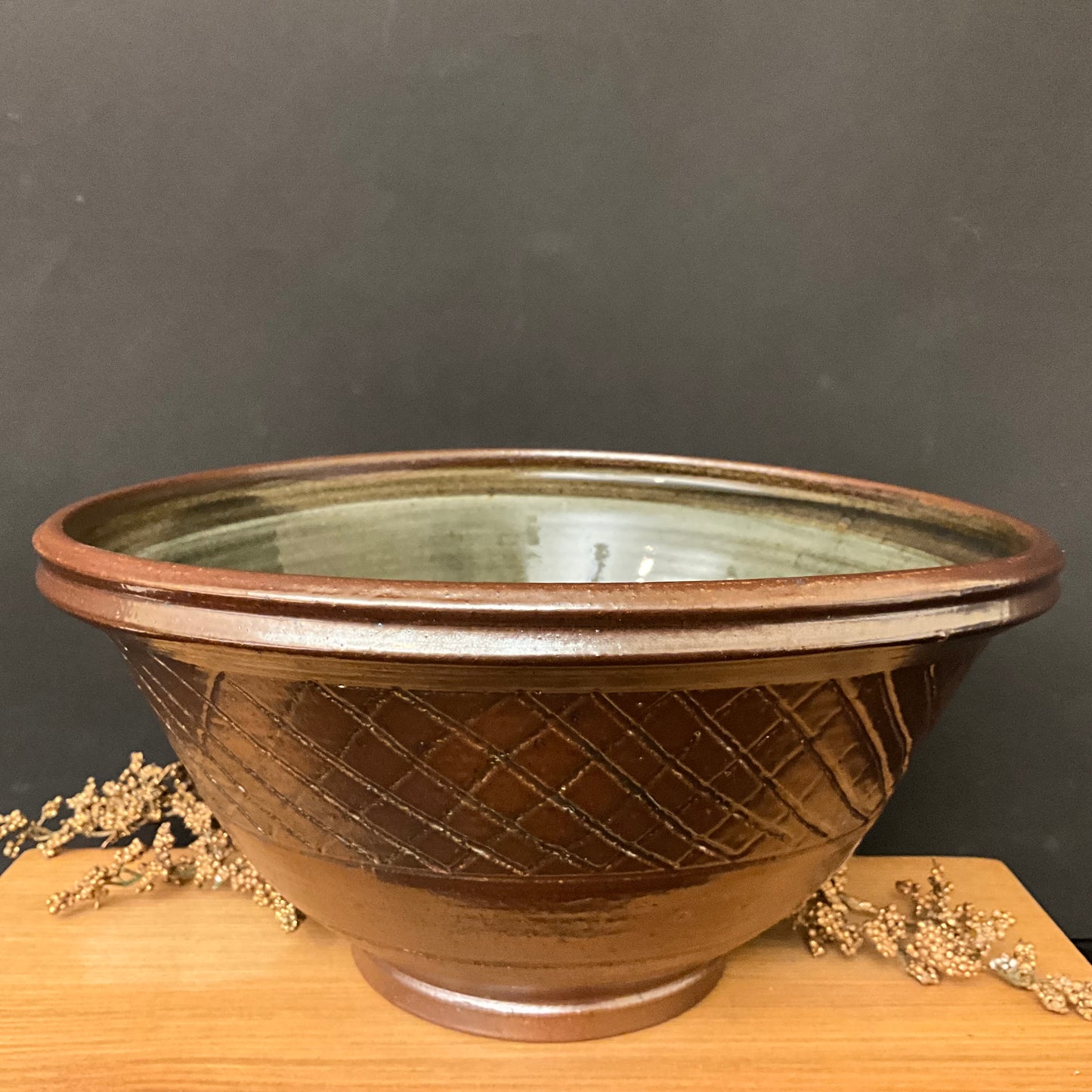 Large Salt Glazed Bowl - Dark Green Diamond pattern