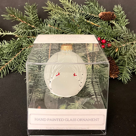 Hand Painted Glass Ornament Birches & Cardinals
