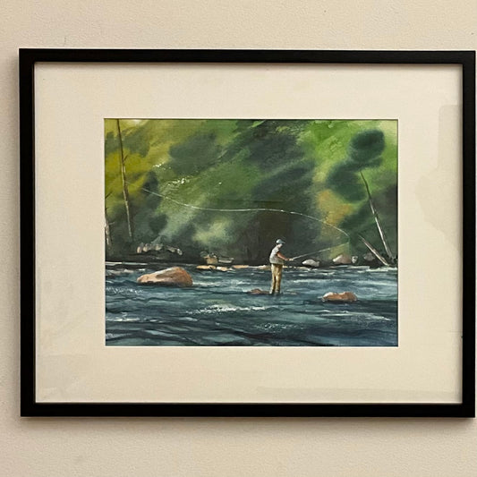 "Fishing in a Dark Pool"  Original Framed Watercolor