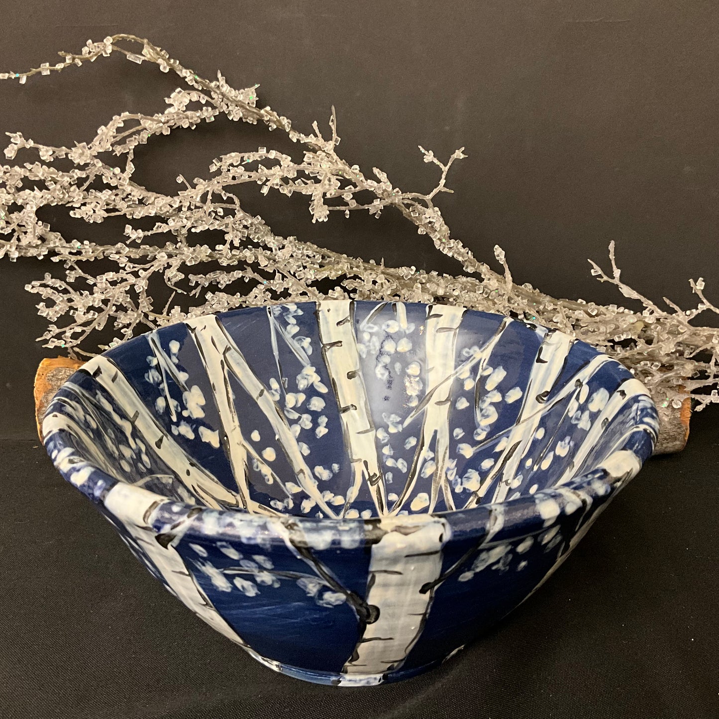 Deep Bowl Winter Birches on Dark Blue
