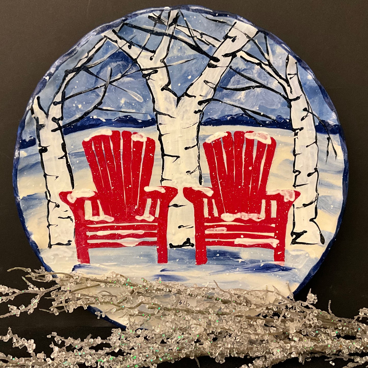 Blue Fluted Plate with Red Adirondack Chairs