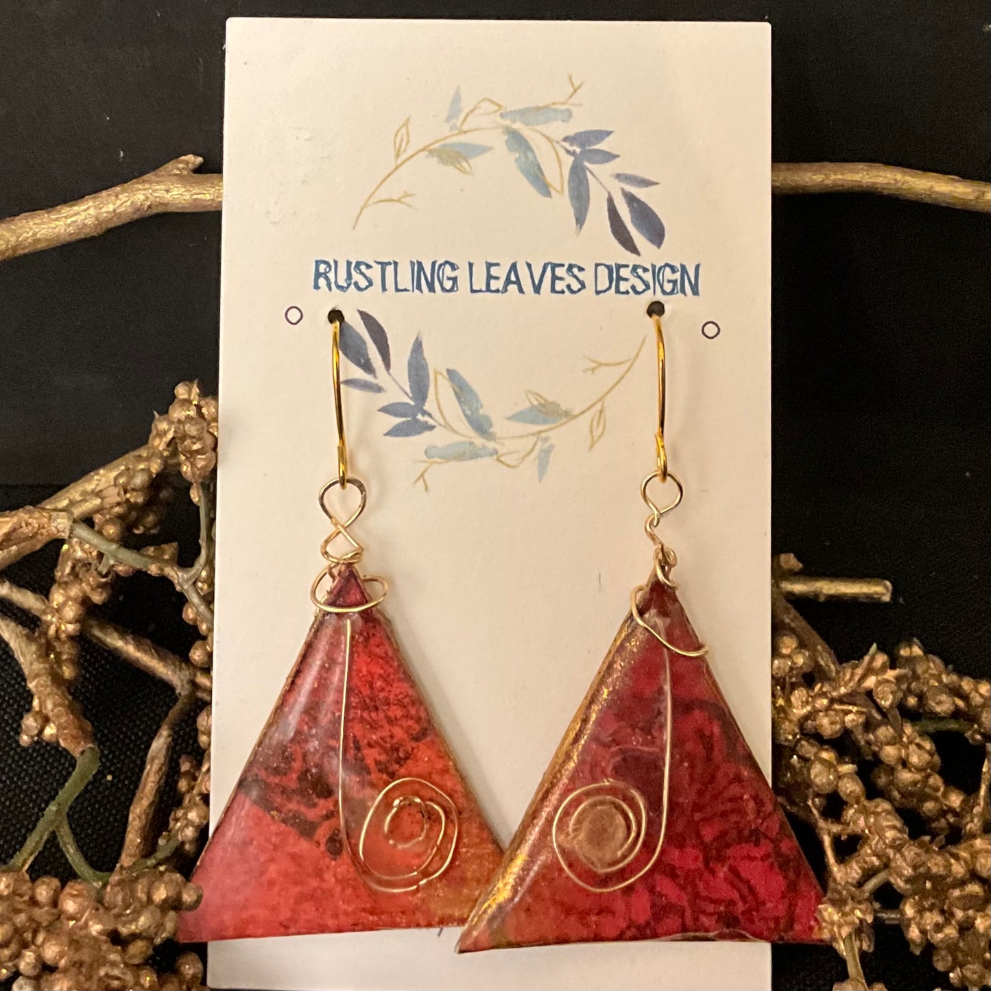 Pink Orange Triangle Earrings w Copper Wire Swirl Overlay