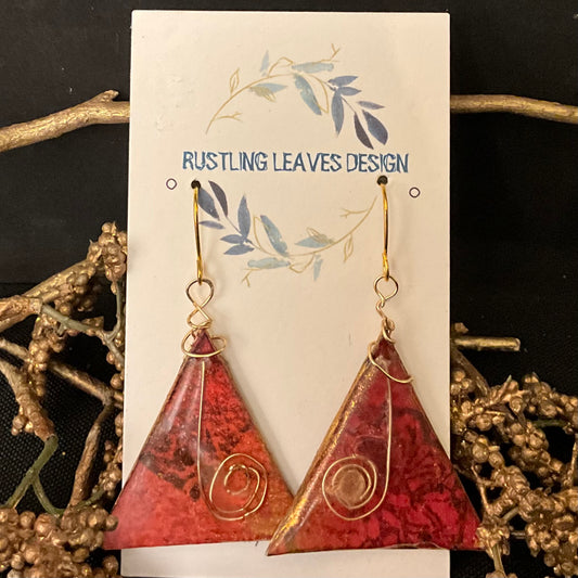 Pink Orange Triangle Earrings w Copper Wire Swirl Overlay