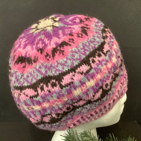 Knitted Wool Hat in Pink, Purple, Pale Blue & White