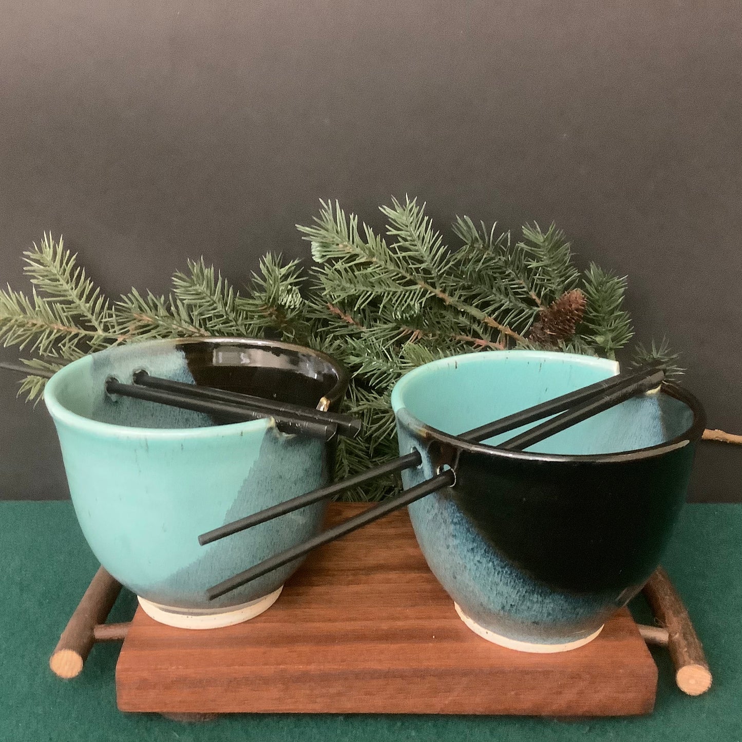 Set of Two Rice Bowls in Black and Turquoise with Chopsticks