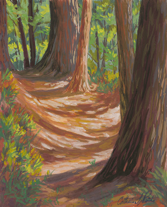 “Cathedral Pines”, Original Plein Air Gouache Painting Matted