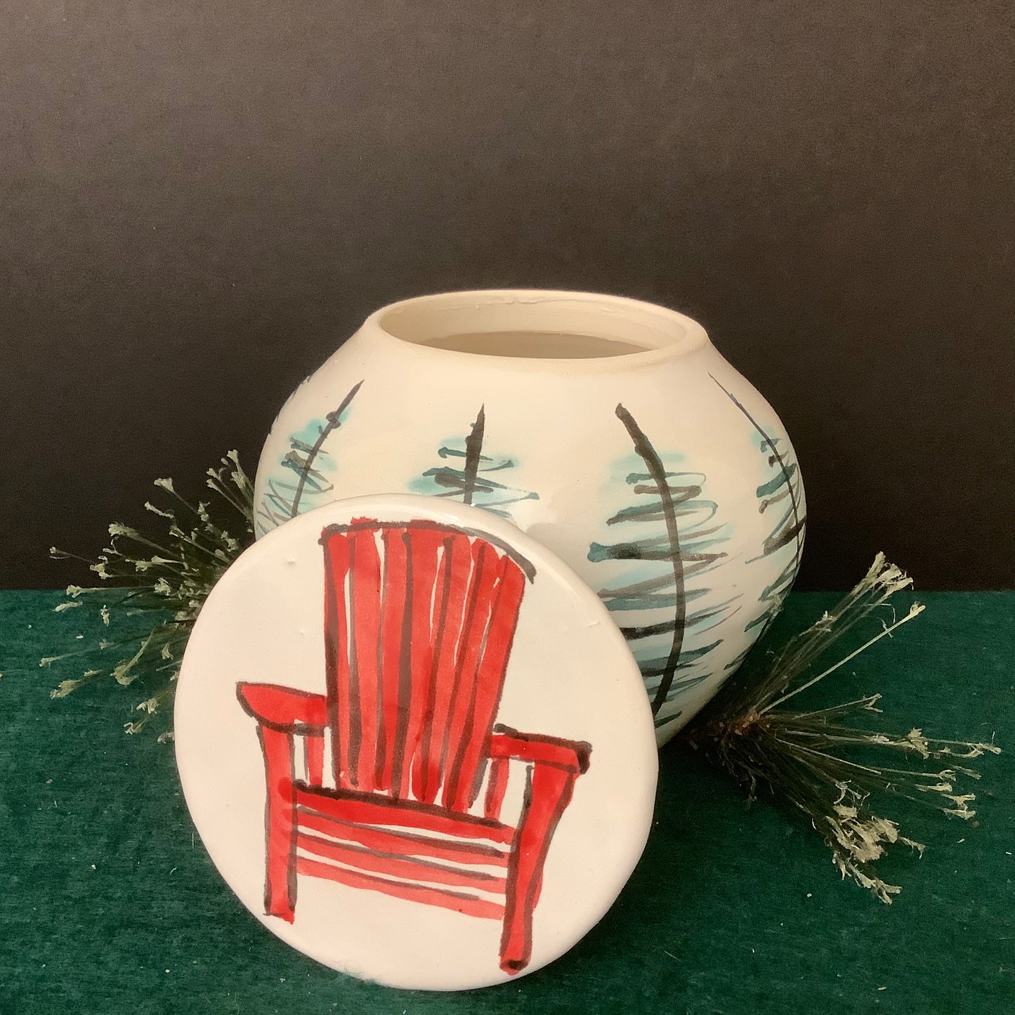 Ginger Jar White with Trees & Red Adirondack Chair on the Lid