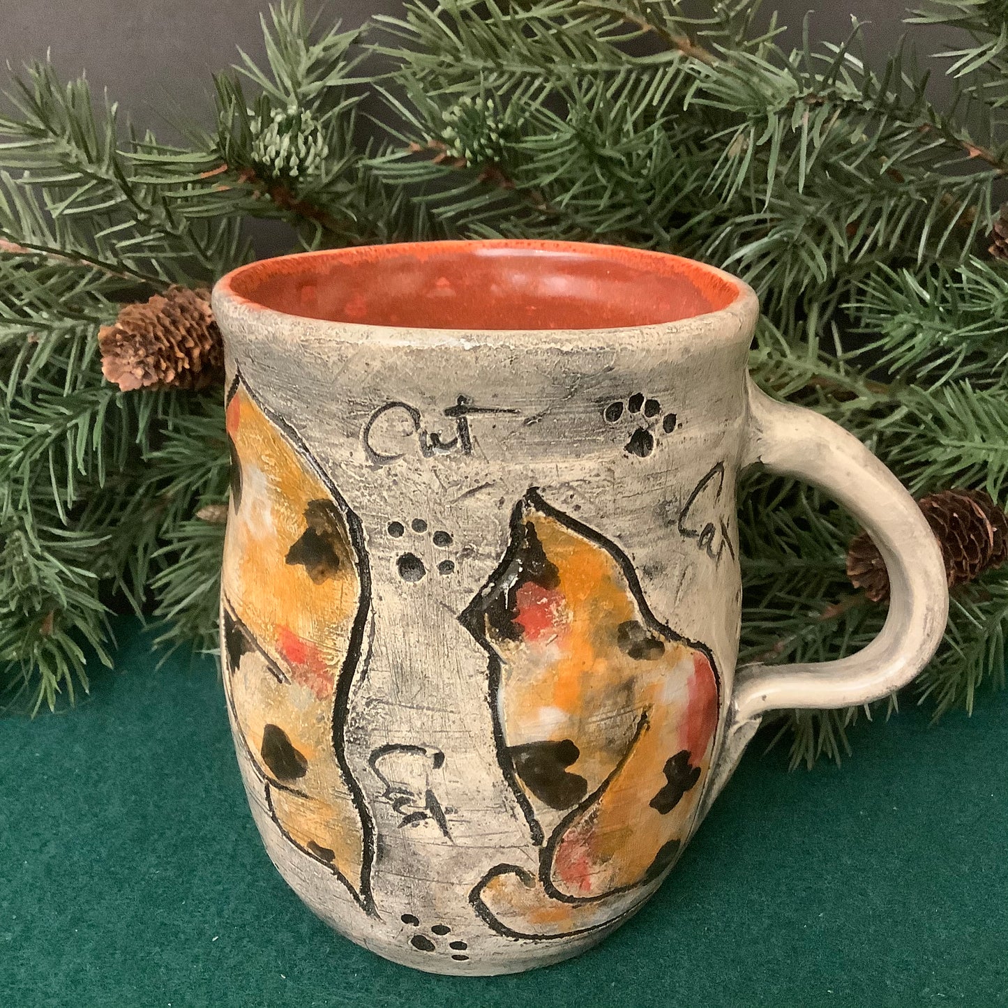 Mug with Carved Calico Cats