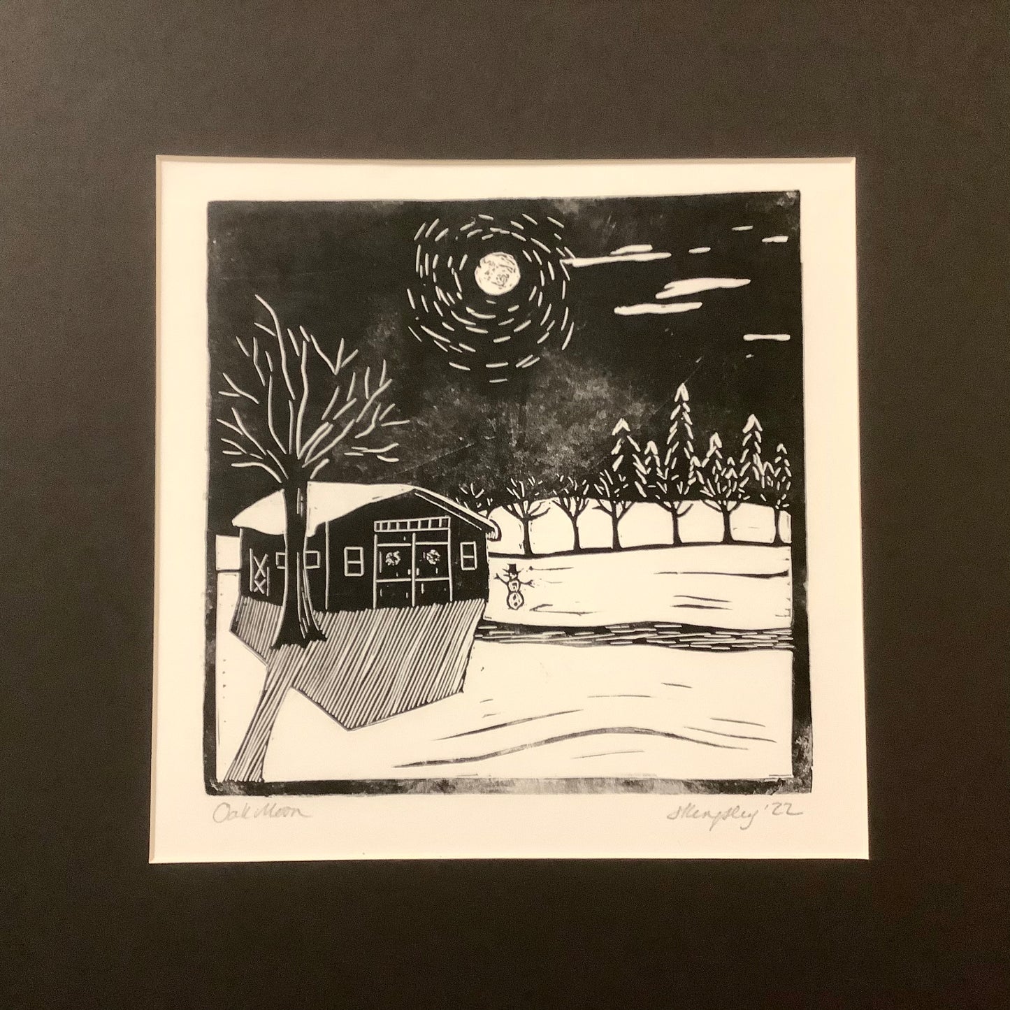 “Oak Moon” Rubber Block Print with Black Mat