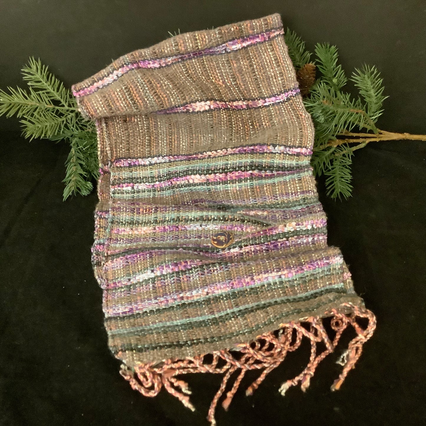Handwoven “Dorothy” Button Scarf in Gray Purple