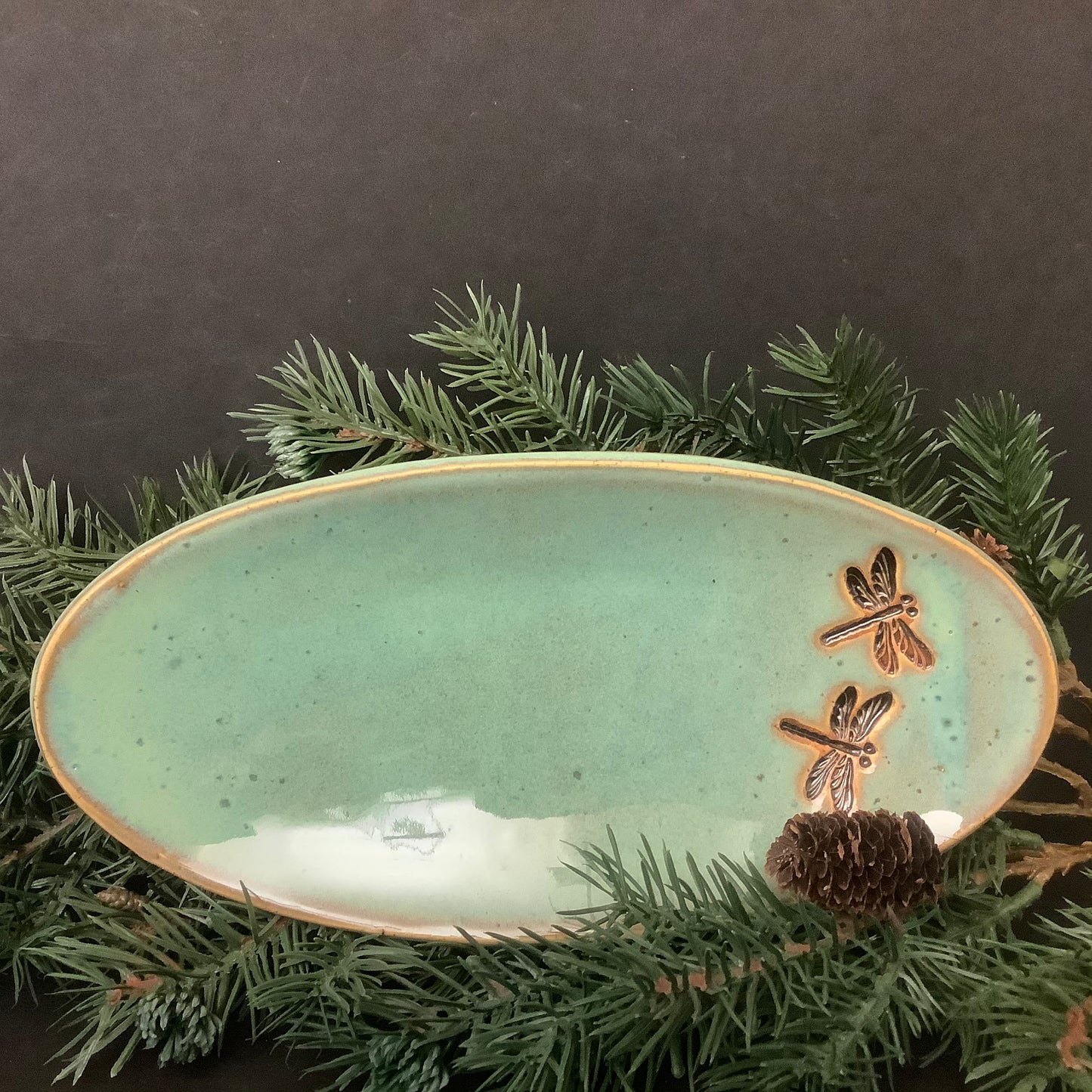 Spoon Rest Dragonflies Turquoise Green Glaze