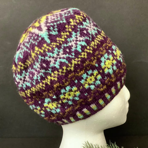 Knitted Hat in Deep Purple, Aqua, Lime & Lavender