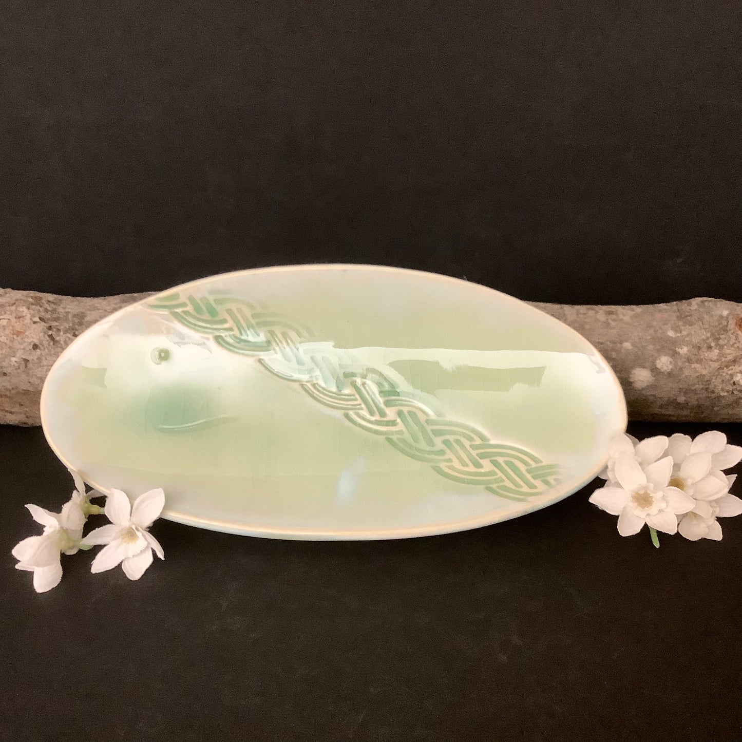 Spoon Rest Celtic Braid Pale Green Glaze