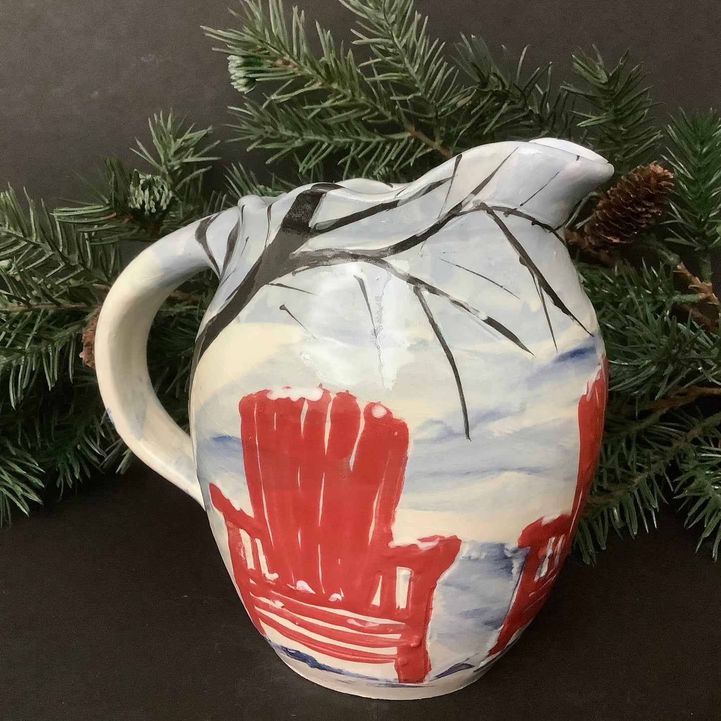Pitcher Winter Scene with Red Adirondack Chairs, Roxanne Locy, Canton, NY