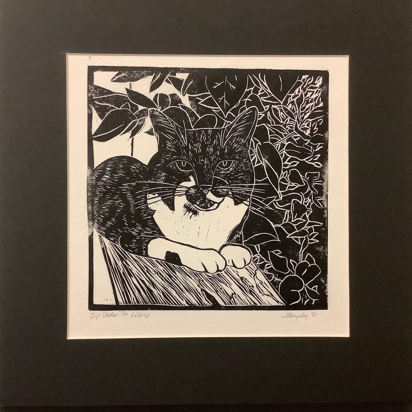 “Zip Under Lilacs”, Rubber Block Print with Black Mat