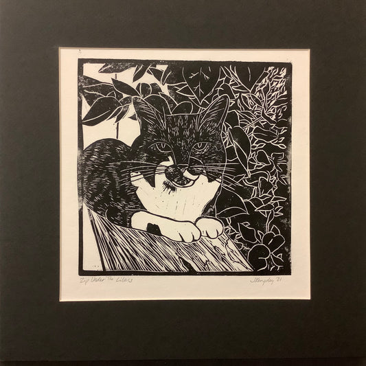 “Zip Under Lilacs”, Rubber Block Print with Black Mat