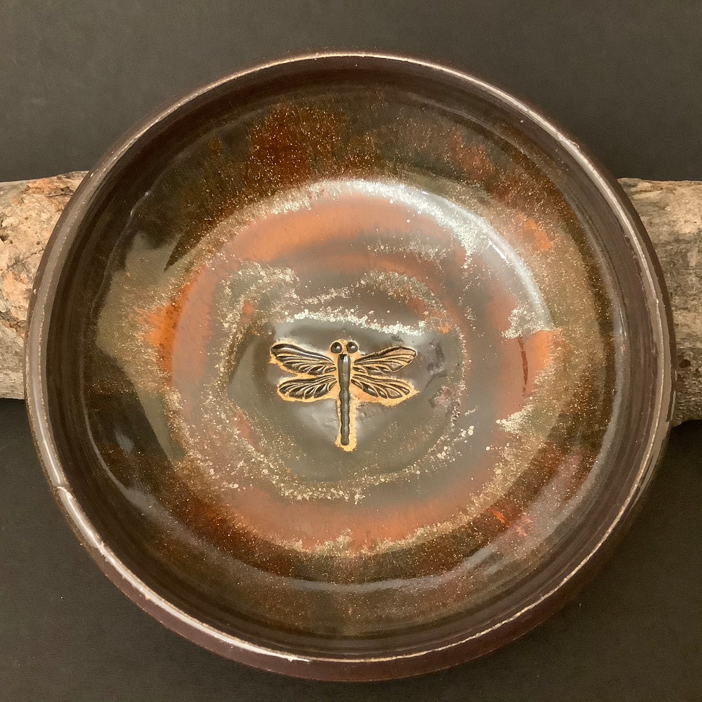 Trinket Dish Dragonfly Design Dark Brown Irridescent Touches