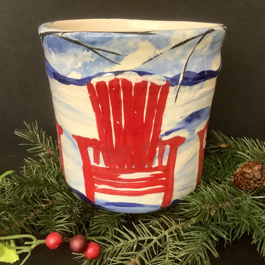 Crock Winter Scene with Red Adirondack Chairs, Roxanne Locy