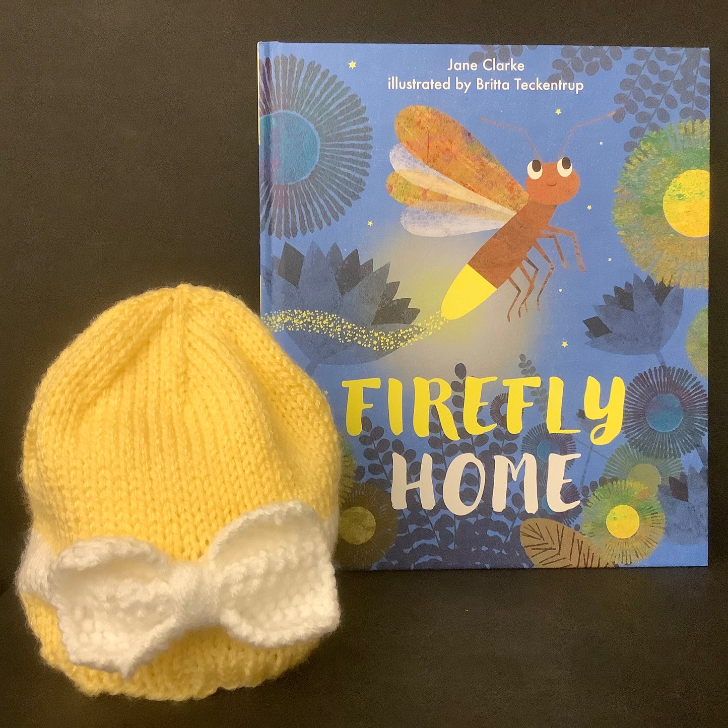 Baby/toddler Yellow Knit Hat with White Bow, Donna McGill, Potsdam, NY