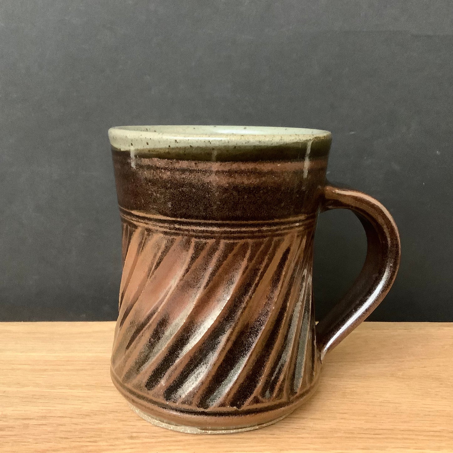 Stoneware Mug Brown Carved Diagonal Pattern
