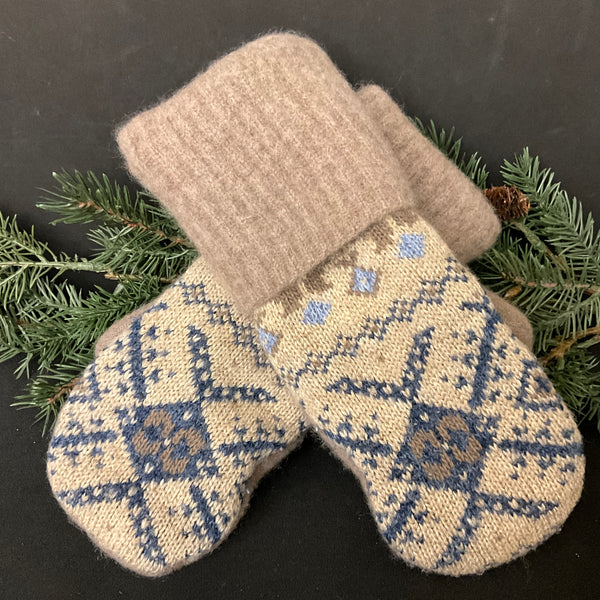 Mittens - Beige with Navy and Blue Geometric Pattern