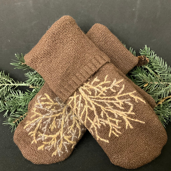 Mittens - Brown with Embroidered Branches