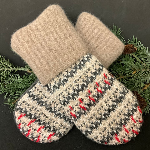 Mittens - Beige with Navy and Red Pattern