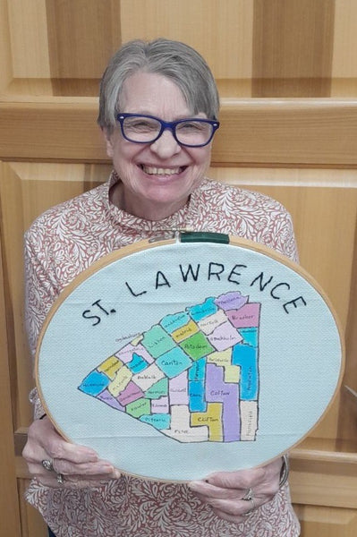 "St. Lawrence County Map” Embroidery by Elsie Lalonde