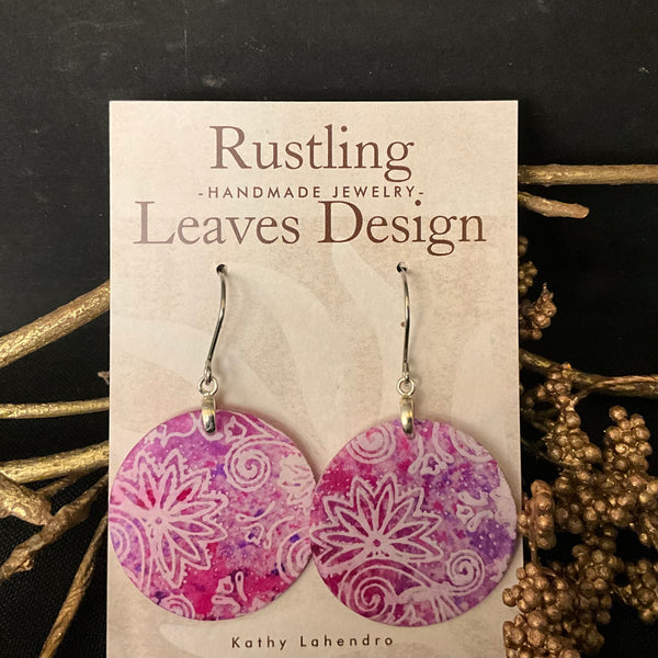 Disc Earrings in Purple Pink w White Floral Overlay