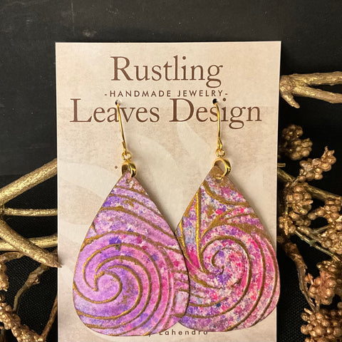 Teardrop Earrings in Purple Pink w Copper Swirl Overlay