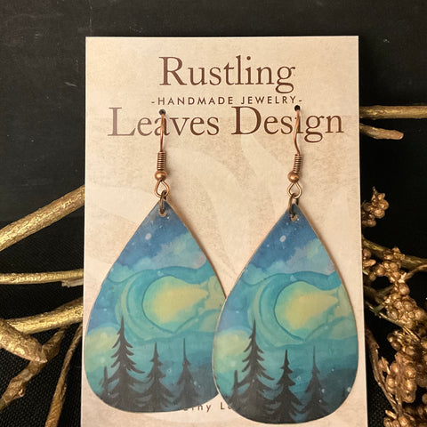 Deep Turquoise Teardrop Earrings with Evergreen trees