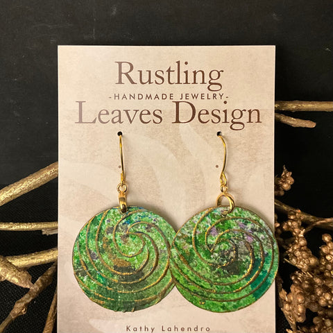 Deep Green Disc Earrings w Copper Swirl Overlay