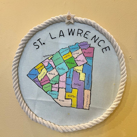 "St. Lawrence County Map” Embroidery by Elsie Lalonde