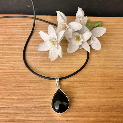 Small Silver Teardrop Pendant with Black Onyx & Black Cord