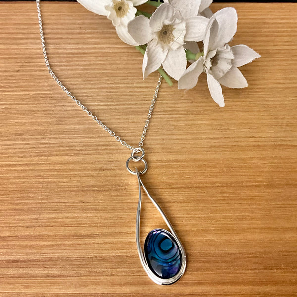 Small Silver Teardrop Pendant with Blue Paua